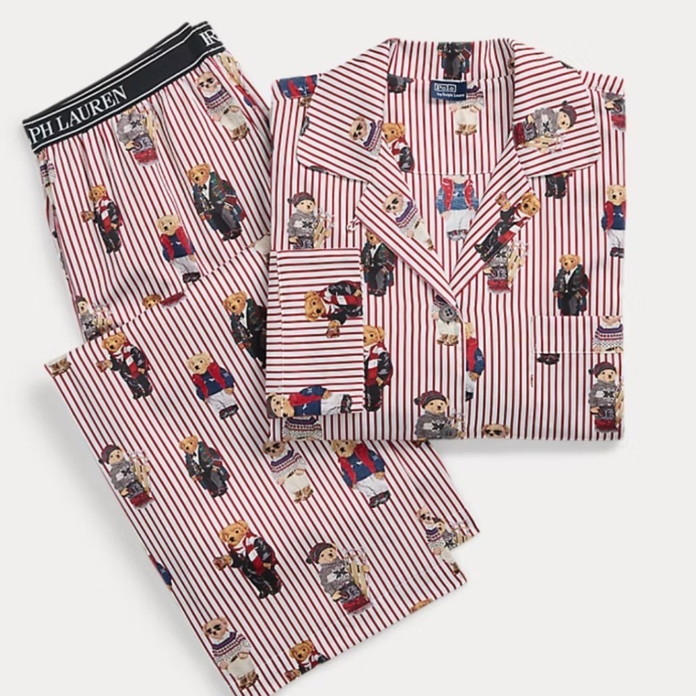 Polo Ralph Lauren Womens Polo Bear Pajama Set Small Red Stripe Cotton Sleepwear